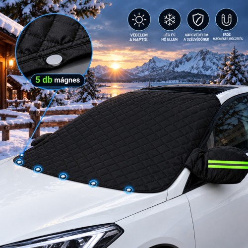 Szélvédőtakaró ponyva tükör védelemmel és mágneses rögzítéssel FEKETE - 145 x 110 cm, Autolife 68177