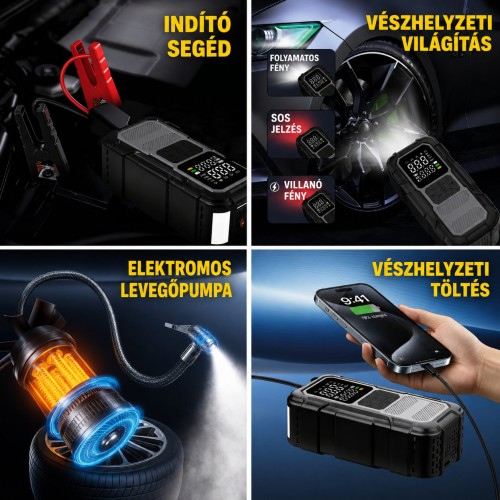 Indítás segítő 4:1-ben egység (kompresszor, lámpa, töltő, bikázó),  8000mAh Autolife 46021