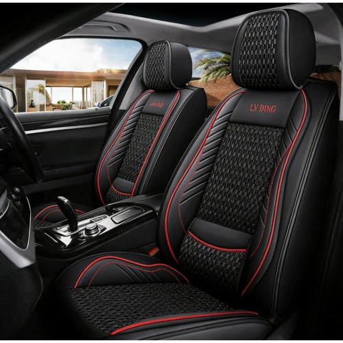 Üléshuzat garnitúra, 11 részes, prémium Ice Silk/PU bőr fekete-piros, Autolife