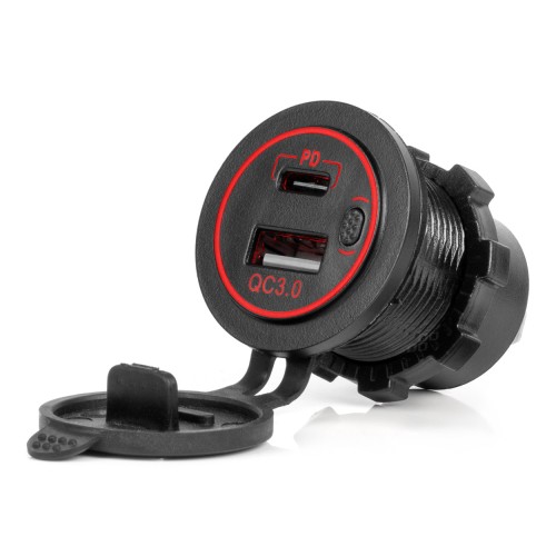 USB és USB-C aljzat, szivargyújtó helyére építhető, vízálló (12/24V) Amio 04221