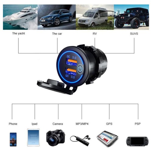 USB dupla töltő aljzat szivargyújtó helyére 12/24V QC3, Autolife 13214