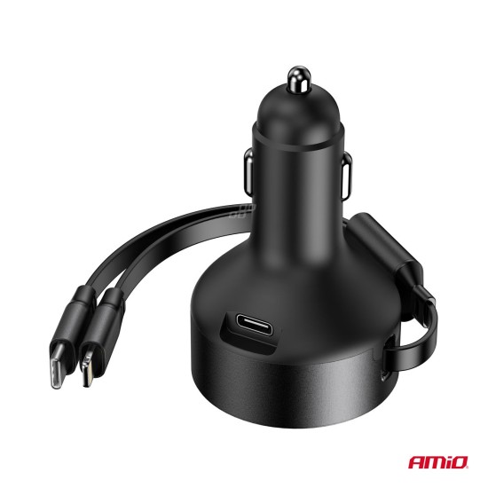 Szivargyújtó Töltő Usb-C - Lightning, behúzható, 60W 12/24V AMIO 04370 Szivargyújtó Töltő Usb-C - Lightning, behúzható, 60W 12/24V AMIO 04370