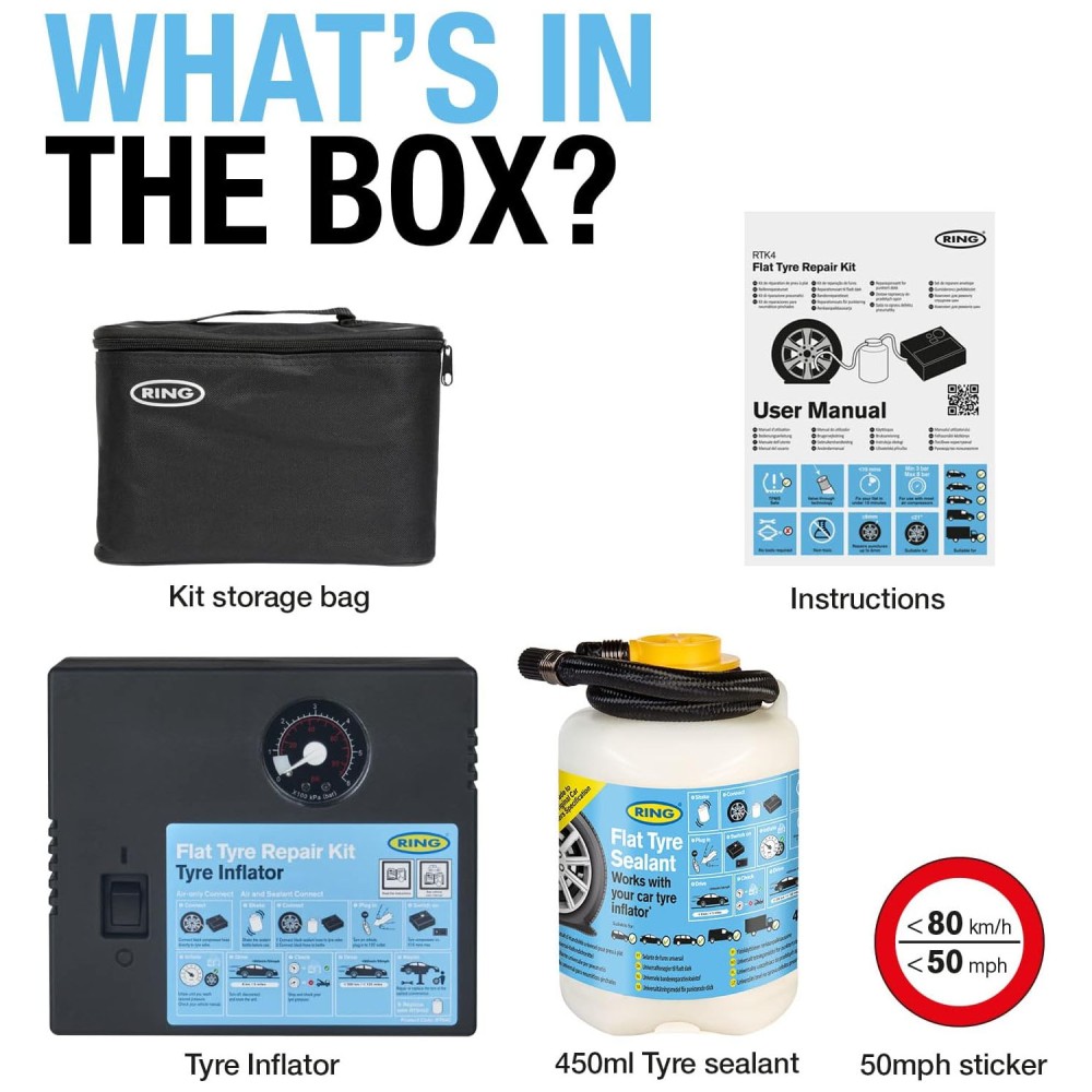 Defektjavító készlet kompresszorral 12V, Ring RTK4
