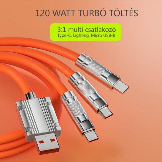 Györstöltő multifunkciós töltőkábel 3:1 max. 120W Type-C, Lightning, Micro USB-B