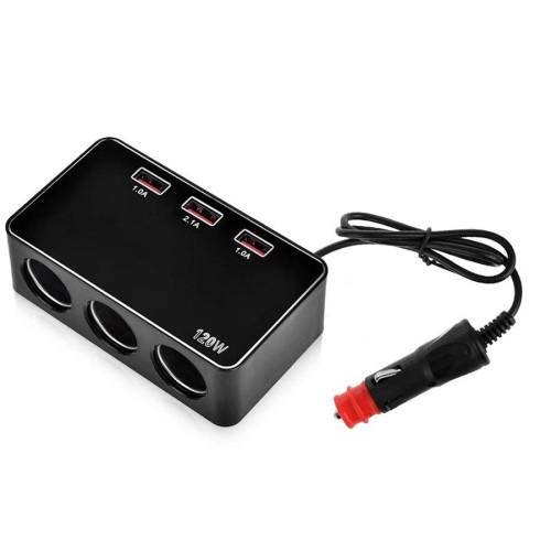 Szivargyújtó elosztó 3-as + 3db USB-vel 120Watt 10V-30V-ig AM0459