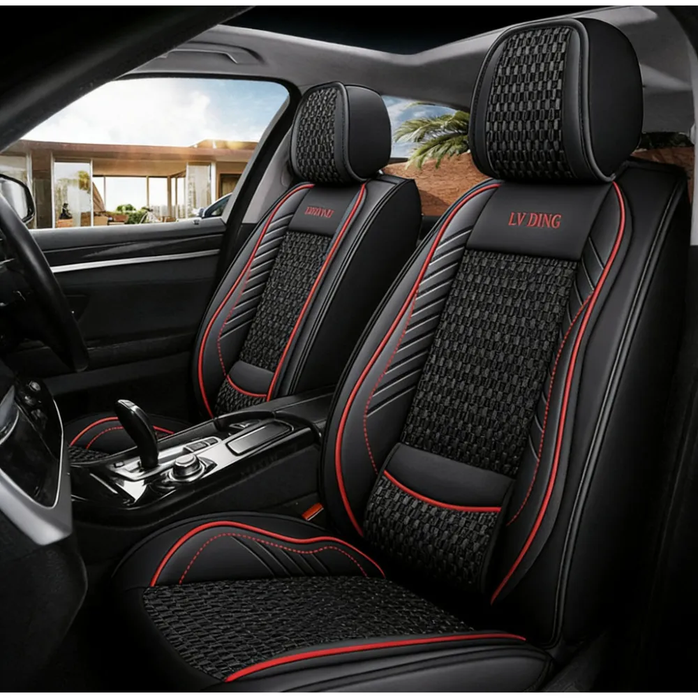 Üléshuzat garnitúra, 11 részes, prémium Ice Silk/PU bőr fekete-piros, Autolife