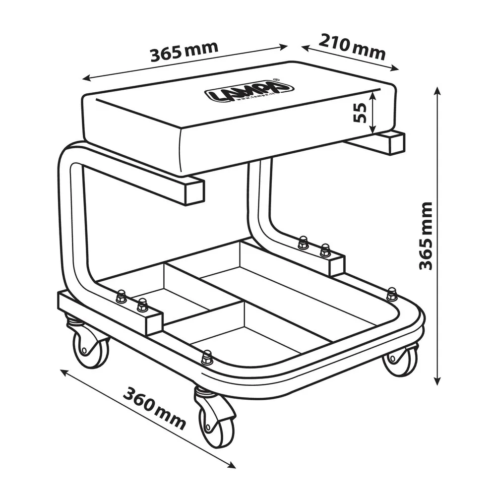 Műhelyszék, szerszámtartó tálcával, max. 110Kg, Lampa Rectangular workshop stool with tool tray