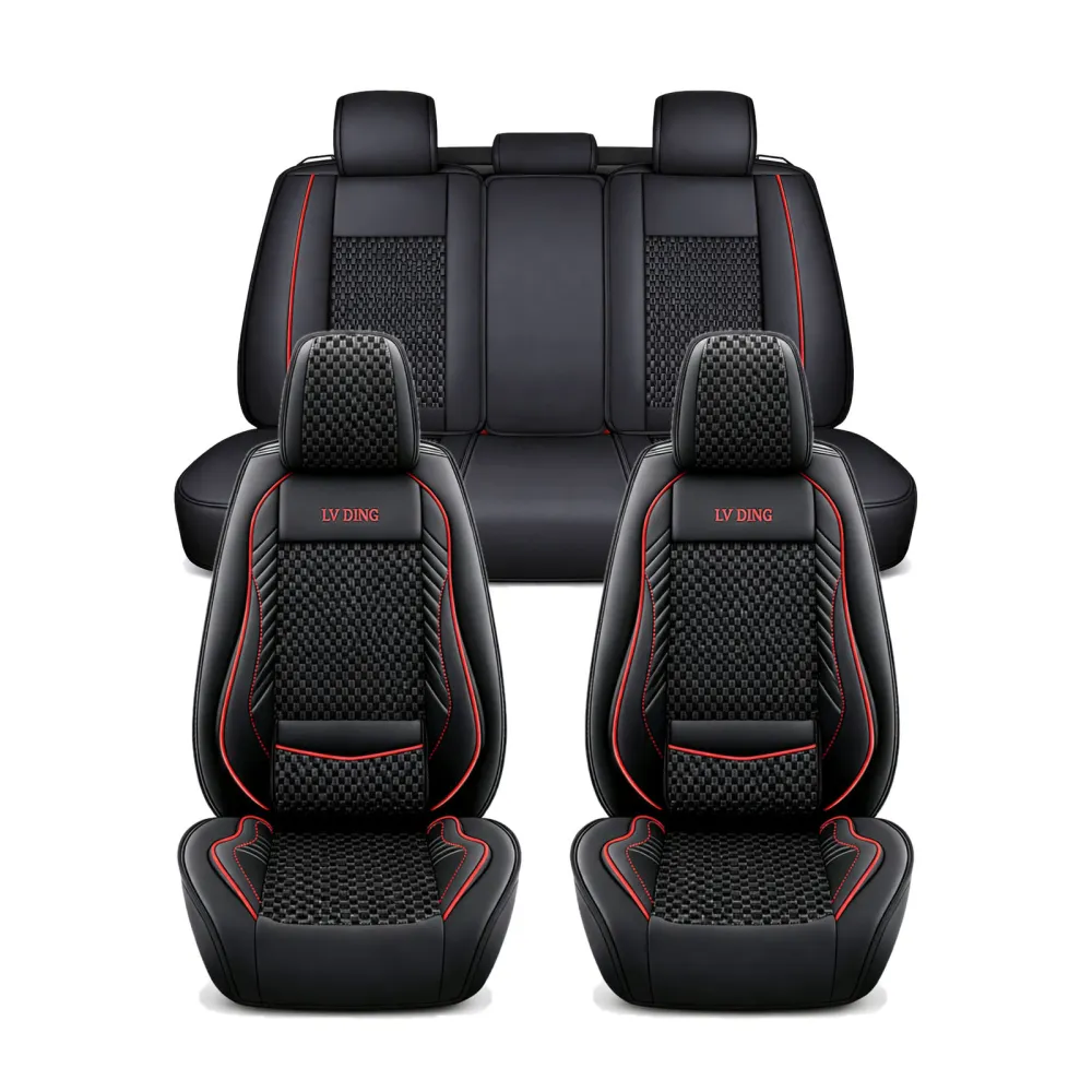 Üléshuzat garnitúra, 11 részes, prémium Ice Silk/PU bőr fekete-piros, Autolife