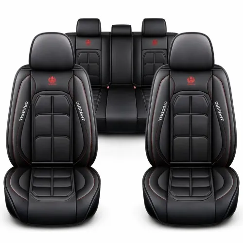 Üléshuzat szett, PU bőr, fekete, piros cérna varrással, Sonsang, Prémium 