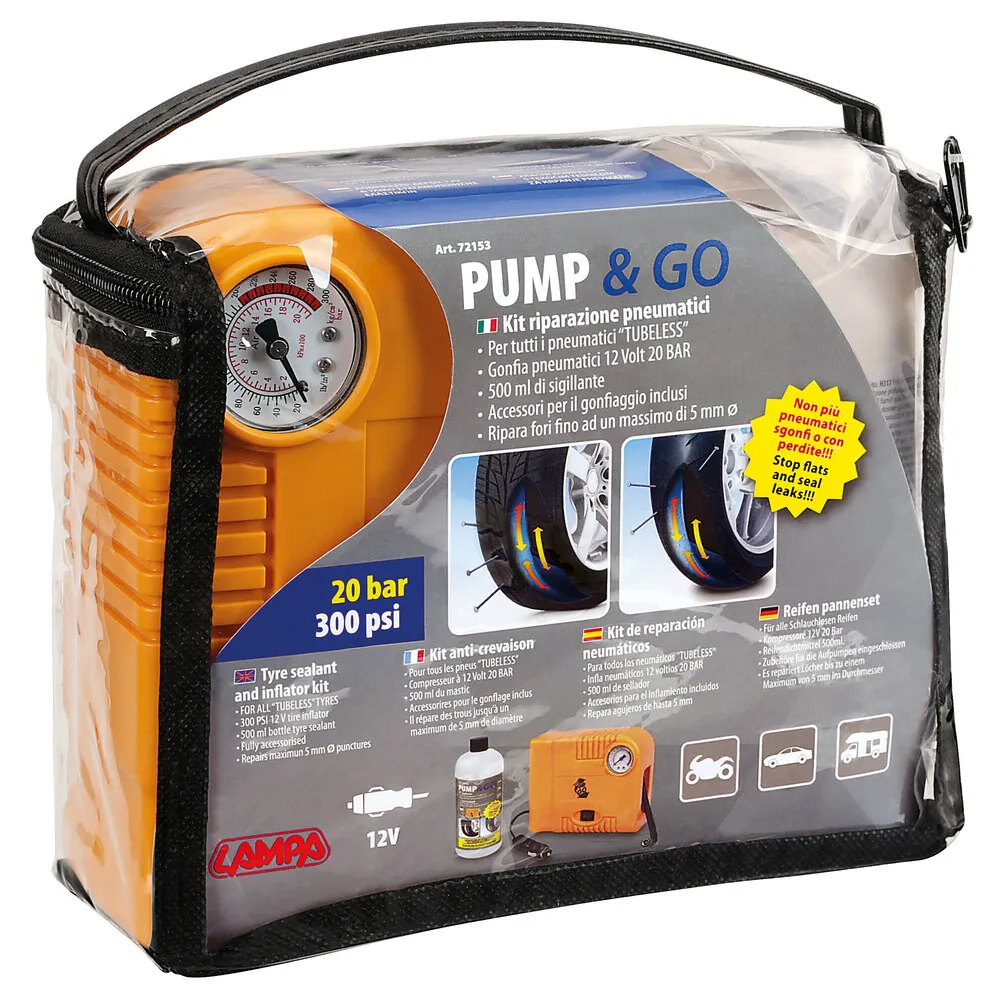 Defektjavító készlet, kompresszor + folyadék 500 ml, Lampa Pump & Go 72153