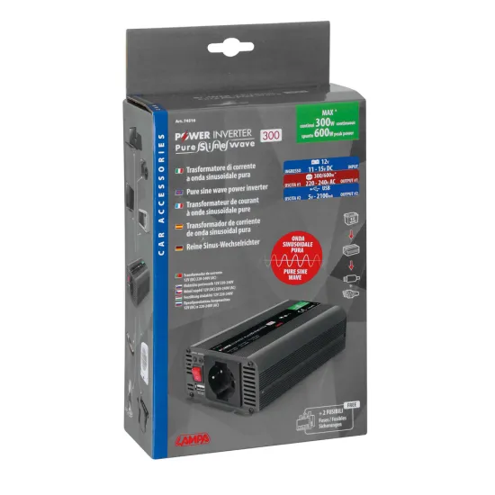 Feszültség átalakító szinuszhullámú inverter, 12V > 230V, 300/600W, Lampa PSW300 Feszültség átalakító szinuszhullámú inverter, 12V > 230V, 300/600W, Lampa PSW300