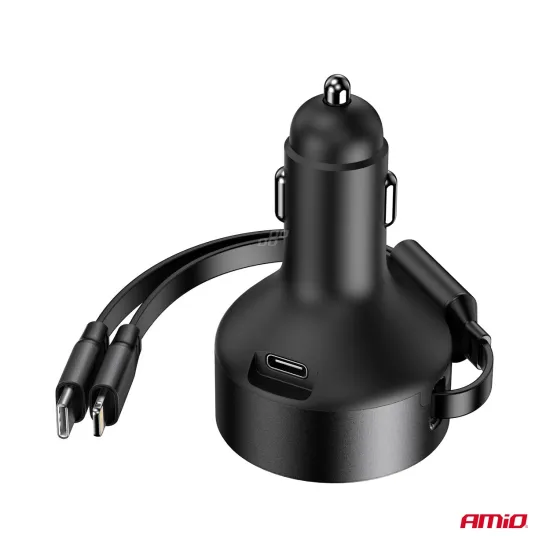 Szivargyújtó Töltő Usb-C - Lightning, behúzható, 60W 12/24V AMIO 04370
