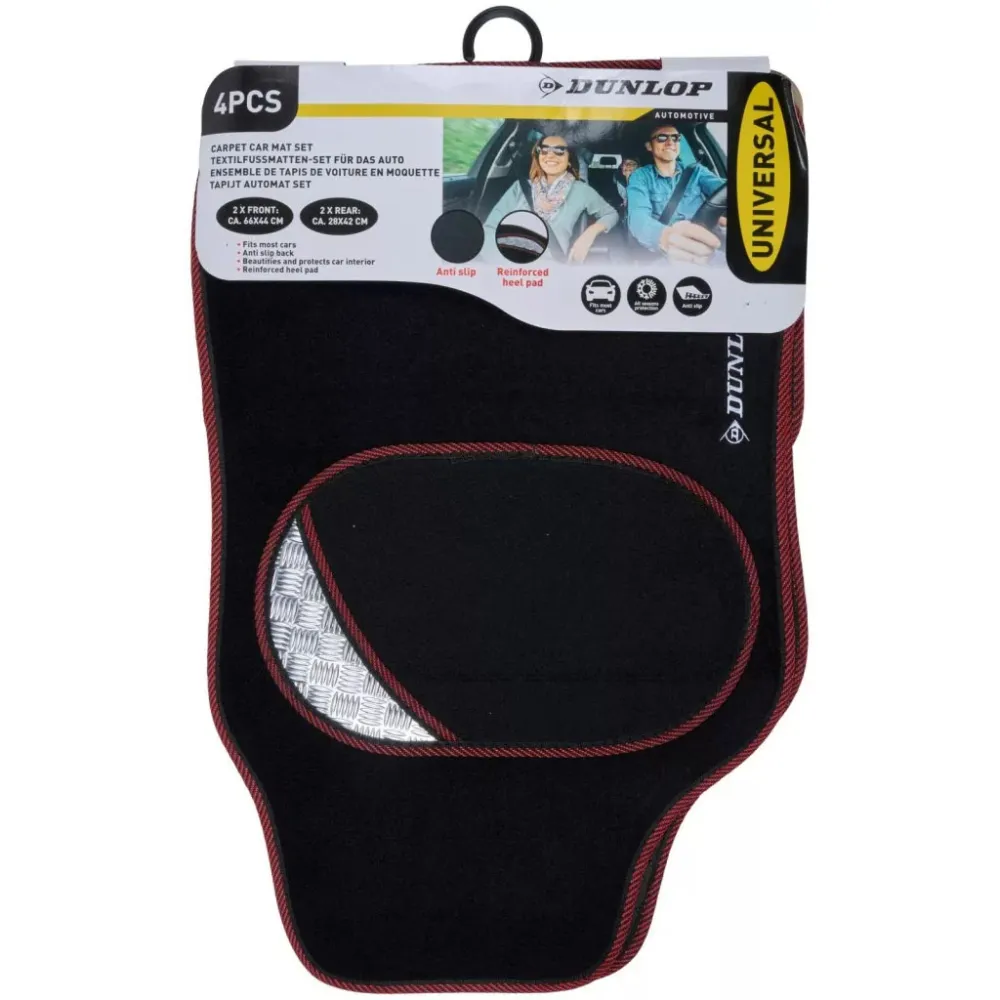 Autószőnyeg 4db-os szövet garnitúra, univerzális, fekete-piros, Dunlop