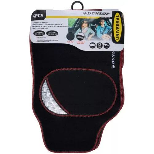 Autószőnyeg 4db-os szövet garnitúra, univerzális, fekete-piros, Dunlop