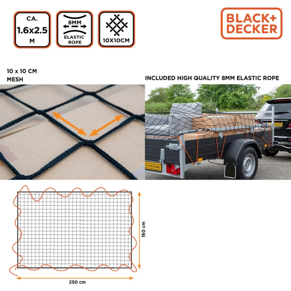 Csomagrögzítő, utánfutó háló 160 x 250 cm, Black & Decker