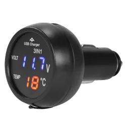 Autós USB-s töltő, voltmérővel és LCD digitális hőmérővel 12/24V, Autolife 13207