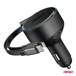 Szivargyújtó Töltő Usb-C - Lightning, behúzható, 60W 12/24V AMIO 04370