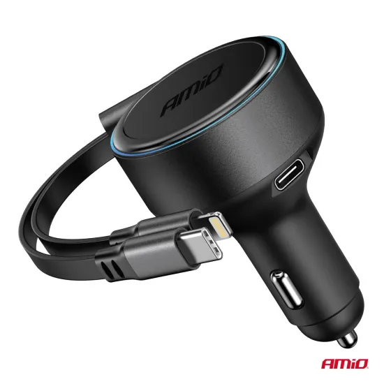 Szivargyújtó Töltő Usb-C - Lightning, behúzható, 60W 12/24V AMIO 04370