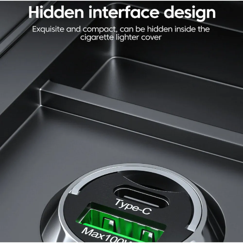 Autós szivargyújtós telefon töltő mini adapter USB-C, USB-A  (PD/QC), max 100W 12/24V 13133