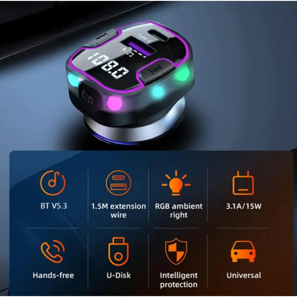 FM/Transmitter és Bluetooth kihangosító 5.3+EDR RGB - 12/24V Autolife C49