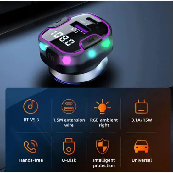 FM/Transmitter és Bluetooth kihangosító 5.3+EDR RGB - 12/24V Autolife C49