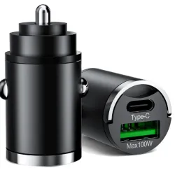 Autós szivargyújtós telefon töltő mini adapter USB-C, USB-A  (PD/QC), max 100W 12/24V 13133