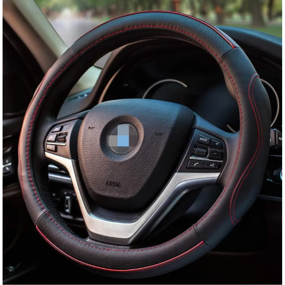 Kormányvédő 38cm-es valódi bőr fekete-piros Autolife 5001R