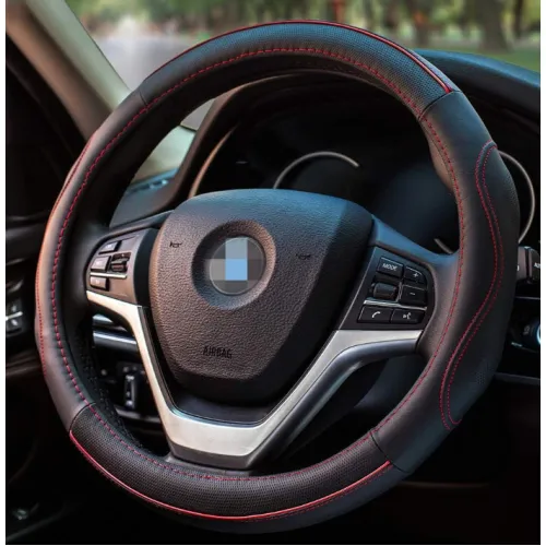 Kormányvédő 38cm-es valódi bőr fekete-piros Autolife 5001R