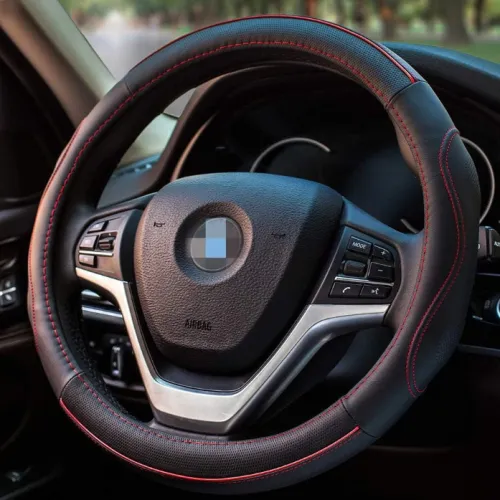 Kormányvédő 38cm-es valódi bőr fekete-piros Autolife 5001R