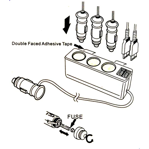 Szivargyújtó elosztó 3-as + 2db USB port Maxeed 83178