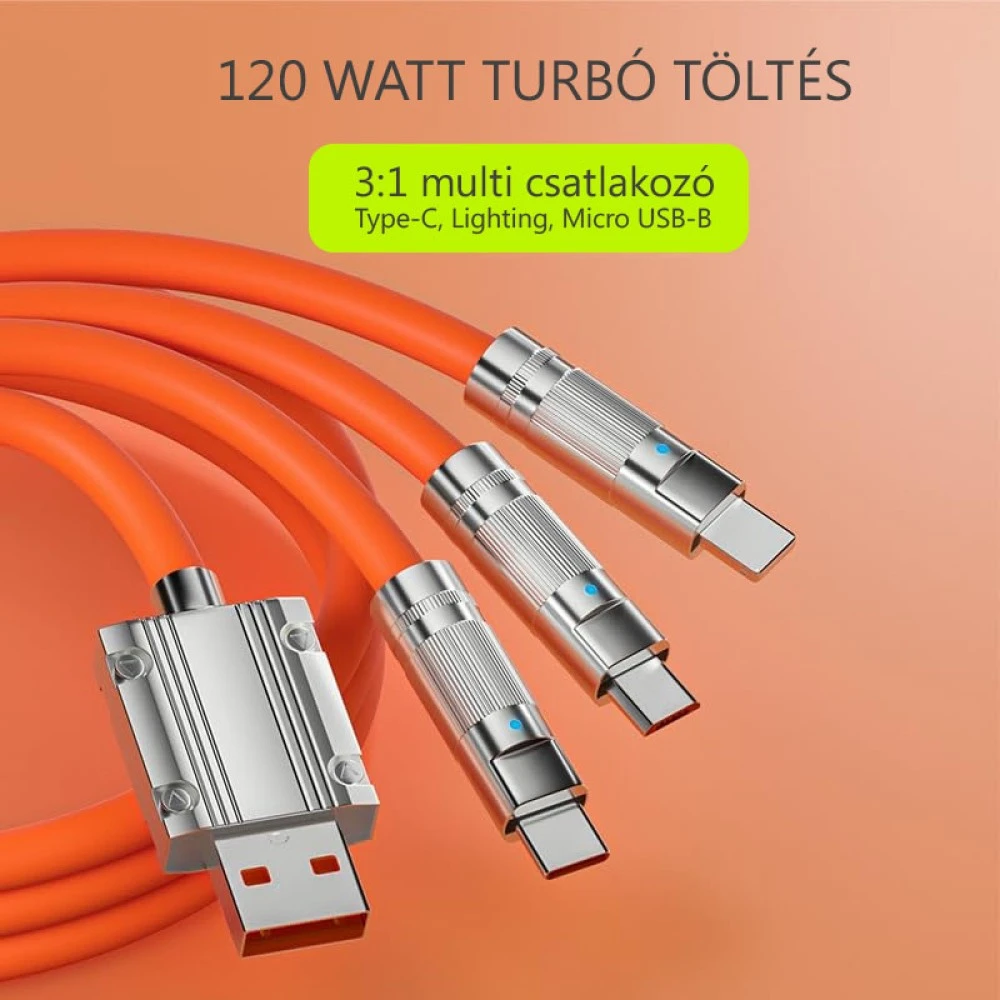 Györstöltő multifunkciós töltőkábel 3:1 max. 120W Type-C, Lightning, Micro USB-B